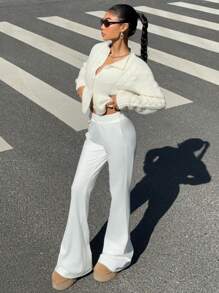 SHEIN Unity New Stretchy Knit Flare Hem White Professional Sport Yoga Leggings For Women Fall Cloth For Women - White - View 3