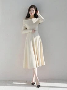 DAZY 纯色不对称领长袖A字优雅连衣裙，秋季连衣裙/长款连衣裙 - 白色 - 查看 6