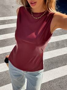 SHEIN Essnce Red Pu Wide Strap Tank Top Sleeveless Waist Tank Top Women Plain PU Leather Round Neck Fashion Tank Top