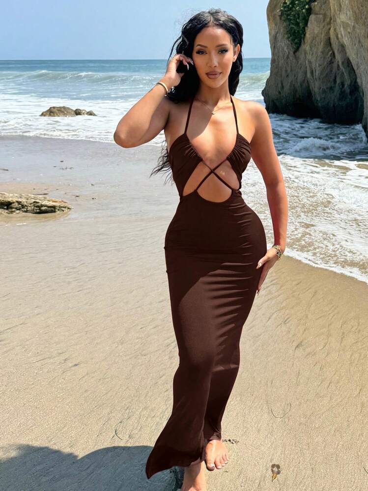 Hauture Đầm Maxi Ôm Body Cổ Thắt Chéo Hở Lưng Màu Trơn Cho Nữ, Kỳ Nghỉ Bãi Biển Gợi Cảm - Cà phê - Xem 1
