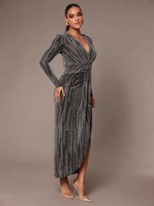Silquee Women's Elegant And Gorgeous Party Women's Long Sleeve Suitable For Autumn And Winter Glitter Slim Fit V-Neck Shoulder Pad Dress Draped Design Halloween,Thanksgiving,Christmas,New Year Eve Outfit