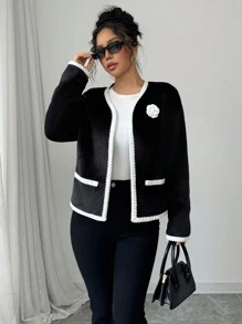 Elenzga Chaqueta elegante de mujer con cuello en V y apliques florales