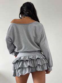 SHEIN EZwear 2 件套女士纯色斜肩长袖上衣和迷你裙 - 灰色 - 查看 2