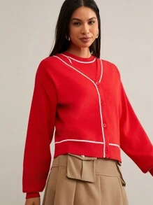 SHEIN Essnce 2 件套女式撞色前扣长袖简约夹克和套头衫 - 紅色 - 查看 7