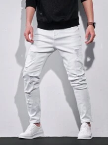 Manfinity Homme Men's Pocket Distressed Casual Skinny Denim Jeans - White - View 5