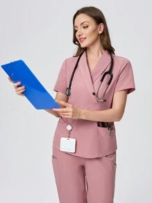 Scrubzie 2pcs/Set Anti-Wrinkle Cross Wrap Scrub Uniform Top & Pants Set - Pink - View 7