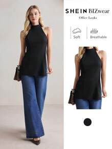 BizChic Women's Neck Halter Top, Elegant Office Commuter , Suitable For New Year, Date, Spring/Summer - Black - View 1