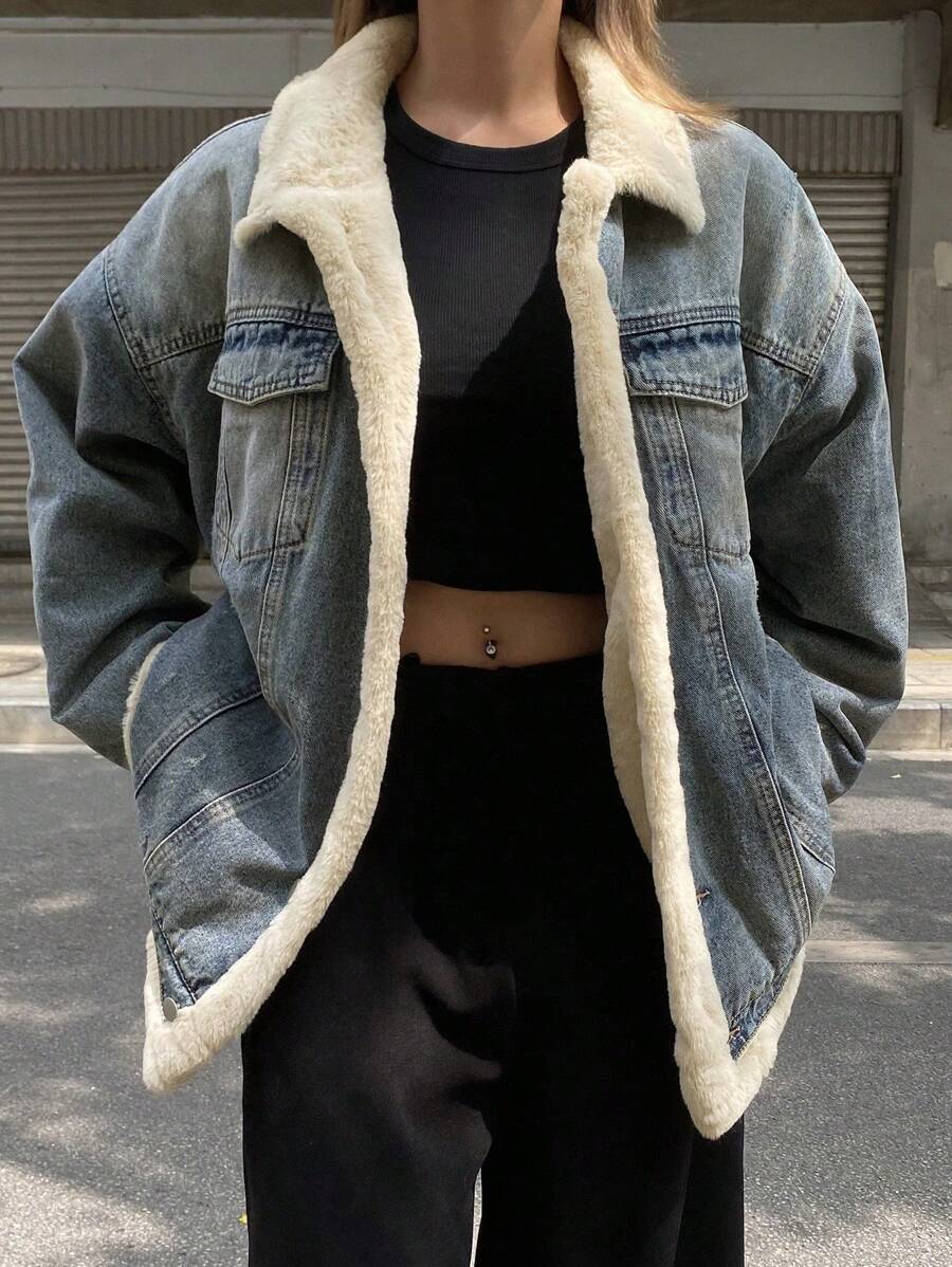 DAZY 女士休闲日常拼接流苏保暖牛仔外套，秋冬季，保暖内衬 - 中等水洗藍 - 查看 1