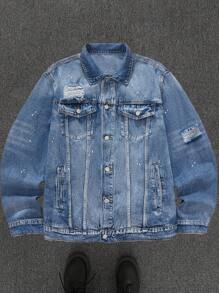 Manfinity EMRG Chaqueta suelta de mezclilla azul medio con graffiti de calle para hombre - Azul lavado medio - Ver 1