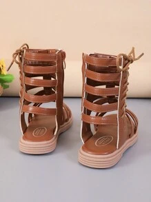 New Fashionable Minimalist Side Zip Children Roman Flat Sandals, Spring/Summer - Brown - View 2