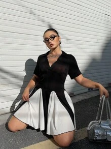 Flirla Vestido casual de cambio de bloque de color de línea A de talla grande para el verano - Negro - Ver 3