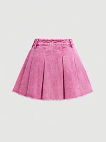 SHEIN Girlism Minifalda de mezclilla plisada con dobladillo deshilachado y lavado sólido, estilo Y2K, para niñas adolescentes. Ropa de otoño para niñas, atuendos de regreso a la escuela, vestimenta urbana