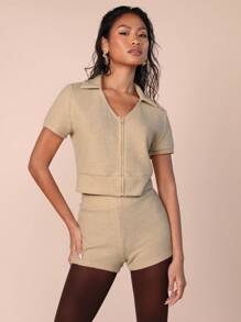 COSMINA 2pcs/Set Women Solid Front Zip Up Short Sleeve Top And Shorts Set - Apricot - View 7