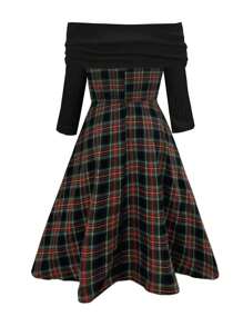 SHEIN Clasi Plus Size Elegant Lady Off Shoulder Plaid Splice Texture Fabric Long Sleeve Dress, Christmas, Autumn/Winter Fall Cloth For Women - Black - View 2