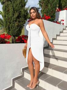 SHEIN SXY Gaun Midi Tanpa Tali Warna Putih untuk Wanita, Cocok untuk Liburan Musim Panas - Putih - View 5