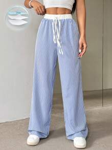 Flirla Pantalones rectos casuales de mujer a rayas azules y blancas - Azul - Ver 1