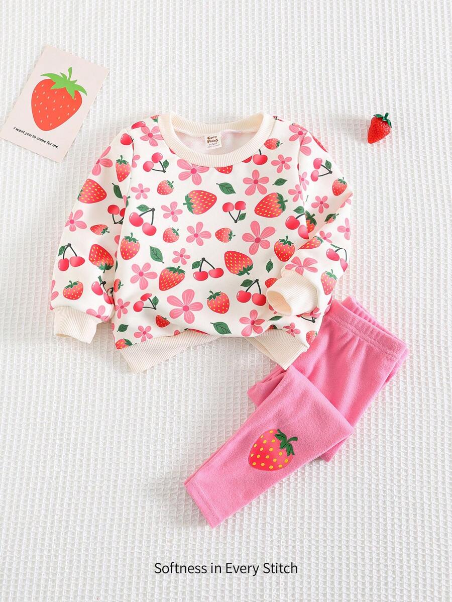 女婴情人节心形和草莓图案撞色柔软针织圆领长袖上衣和松紧腰打底裤 2 件套休闲/运动套装 - 彩色 - 查看 1