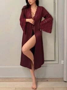 DAZY Lace Patchwork Satin Romantic Semi-Sheer Flare Sleeve Robe Pajama - Burgundy - View 5