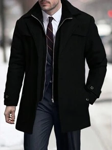 Manfinity Mode Men's Solid Color Zip Front Casual Loose Jacket, Autumn, Old Money Style