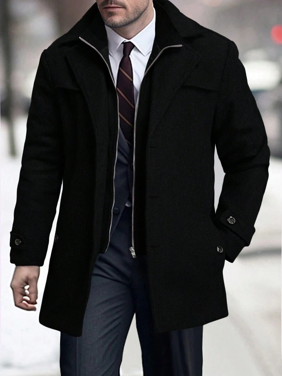 Manfinity Mode Men's Solid Color Zip Front Casual Loose Jacket, Autumn, Old Money Style