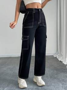 SHEIN PETITE Women's Front Button Pocket Simple Design Casual Denim Jeans, Everyday Wear - Black - View 1