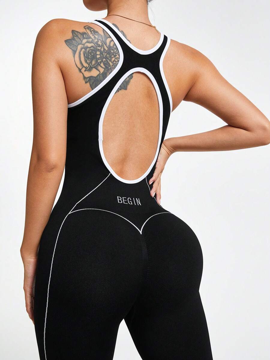 With My Calm 女士无袖拼色拼接简约修身休闲连体裤健身女装