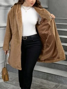 SHEIN Clasi Plus Size Women's Warm Black Faux Rabbit Fur Dropped Shoulder Jacket, Autumn - Brown - View 5