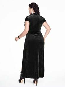 ROMWE Plus Size Vintage Sexy Velvet Spider Hollow Out Gothic High Split Dress - Black - View 4