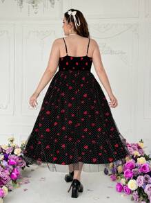 Flirla Romantic Heart/Polka Dot/Lip Print Mesh Panel Adjustable Spaghetti Strap Casual Dress, Suitable For Valentine's Day, New Year - Black - View 2