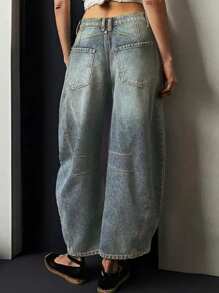 女式撞色口袋休闲直筒宽松牛仔裤 - 中等水洗藍 - 查看 2