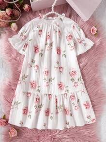 Young Girl Rose Texture Long Sleeve Nightdress Sleepwear, Elegant & , White