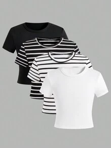 Camiseta casual de manga corta y cuello redondo, versátil para niñas jóvenes