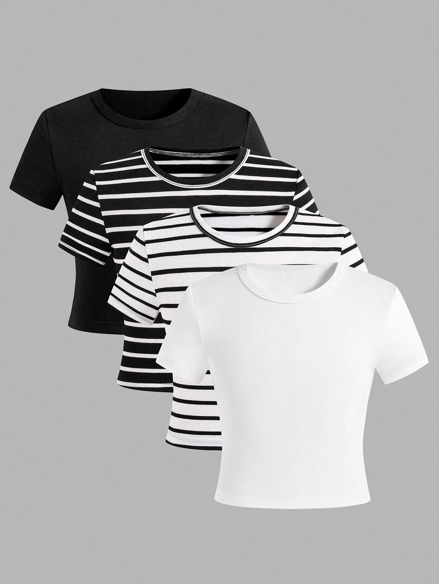 Camiseta casual de manga corta y cuello redondo, versátil para niñas jóvenes