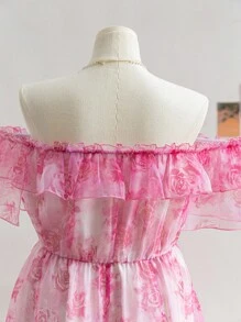 Soleia 1pc Plus Size Women's Holiday/Valentine's Day Ruffle Pink Rose Print Organza A-Line Dress With Ruffle Trim - Multicolor - View 7