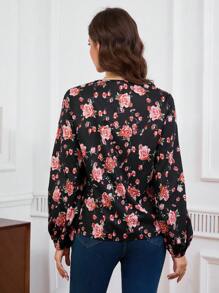 INAWLY 1pc Women's Black Long Sleeve Ditsy Floral Casual Shirt
