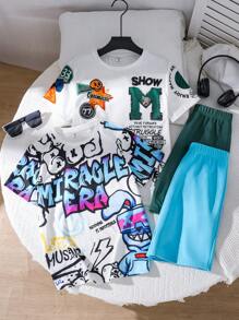 Achetez-en 2, obtenez-en 2 gratuitement, 4 pièces/set. Style de rue décontracté pour pré-adolescents, T-shirts à manches courtes avec lettres et graphiques graffitis sur fond de couleur unie, et shorts à taille élastique assortis. Convient pour les activités en extérieur, l'école, les sorties, les fêtes et les loisirs, au printemps, en été et en automne.