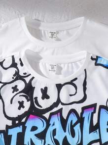 Achetez-en 2, obtenez-en 2 gratuitement, 4 pièces/set. Style de rue décontracté pour pré-adolescents, T-shirts à manches courtes avec lettres et graphiques graffitis sur fond de couleur unie, et shorts à taille élastique assortis. Convient pour les activités en extérieur, l'école, les sorties, les fêtes et les loisirs, au printemps, en été et en automne.