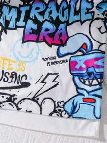 Achetez-en 2, obtenez-en 2 gratuitement, 4 pièces/set. Style de rue décontracté pour pré-adolescents, T-shirts à manches courtes avec lettres et graphiques graffitis sur fond de couleur unie, et shorts à taille élastique assortis. Convient pour les activités en extérieur, l'école, les sorties, les fêtes et les loisirs, au printemps, en été et en automne.