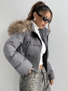 Flirla Áo khoác lông thú có mũ trùm đầu, dáng ngắn, màu đen, thiết kế ôm eo, thời trang thu đông cho nữ - Xám - Xem 6