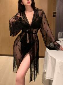 DAZY Sexy Bowknot Polka Dot Semi-Sheer Lace Robe Pajama - Black - View 7