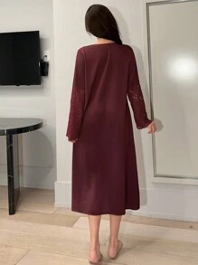 DAZY Lace Patchwork Satin Romantic Semi-Sheer Flare Sleeve Robe Pajama - Burgundy - View 2