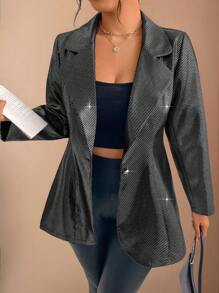 SHEIN Unity Women's Turndown Collar Shiny Striped Loose Casual Blazer Fall Cloth For Women - Black - View 5