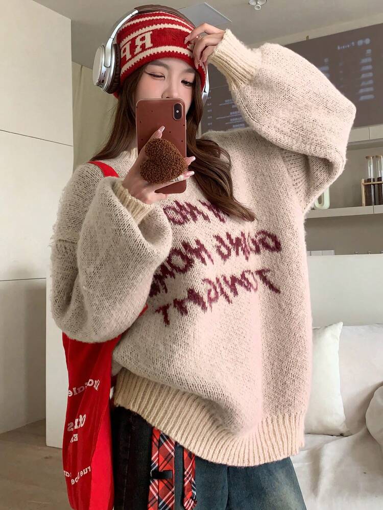 Women Crew Neck Contrast Letter Design Casual Knitted Sweater, Autumn,Fall Women Clothes Christmas,New Year