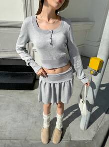 Jouncy 女士休闲两件套 - 正面纽扣长袖衬衫和迷你裙