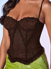 SHEIN BAE Women Contrast Lace Fitted Camisole - Coffee Brown - View 5