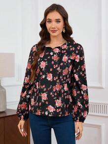 INAWLY 1pc Women's Black Long Sleeve Ditsy Floral Casual Shirt