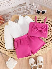 SHEIN 3pcs Infant Girl Set: Elegant Pink Suspender Top With Bow Decor, Matching Shorts And White Puff Sleeve Shirt, For Spring/Autumn