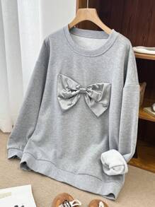 DAZY 女士纯色圆领落肩长袖蝴蝶结装饰休闲运动衫，秋冬，秋季女装 - 灰色 - 查看 8