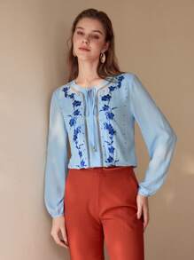 MOTF PREMIUM FLORAL EMBROIDERY TIE NECK BLOUSE,SPRING/SUMMER