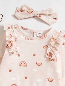 女婴可爱彩虹印花荷叶边长袖连体衣及发带，时尚舒适，适合所有季节，春秋季日常穿着，假日休闲皆宜 - 粉色 - 查看 3